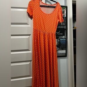 LuLaRoe Orange and White Polka Dot Midi Dress